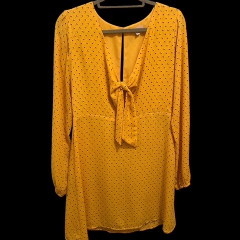 Gianni Bini Mustard Long Sleeve Bow Tie Mini Dress | Size Large | EUC - Picture 2 of 8